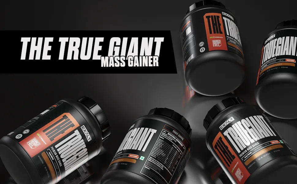 five black jar of Exalt Supps the Truegiant- Mass gainer on the floor