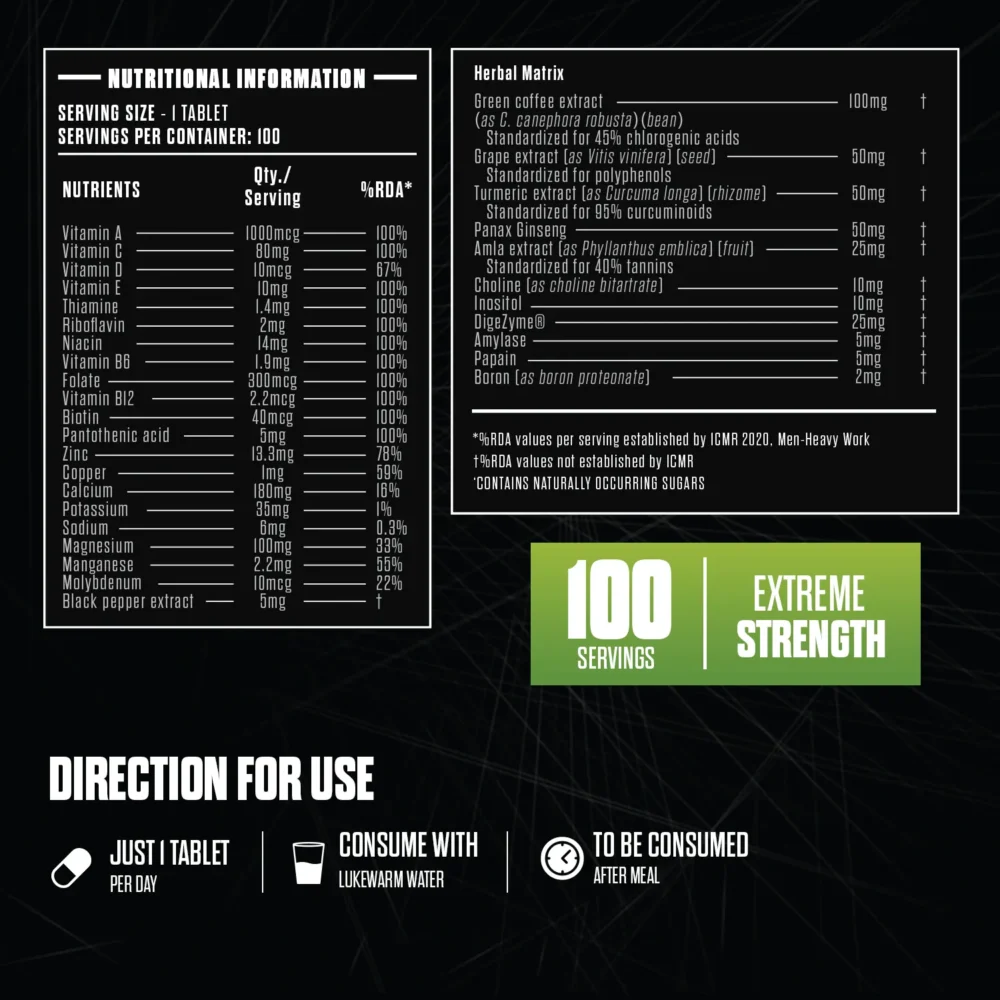 nutritional information and the right direction for use of the vital multivitamin tablet