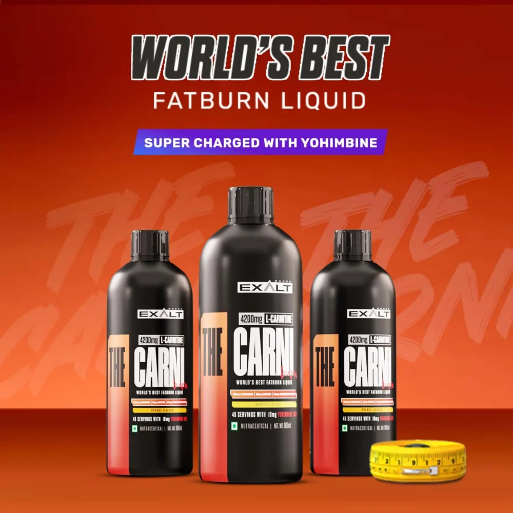 three bottle of The Carni burn fat burner showcasing different flavors by Exaltsupps